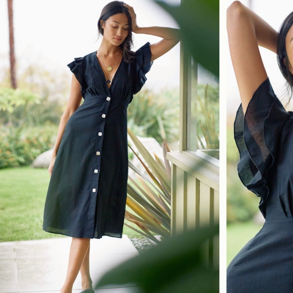 Anthropologie Charlie Holiday Black Ruffled Midi Dress